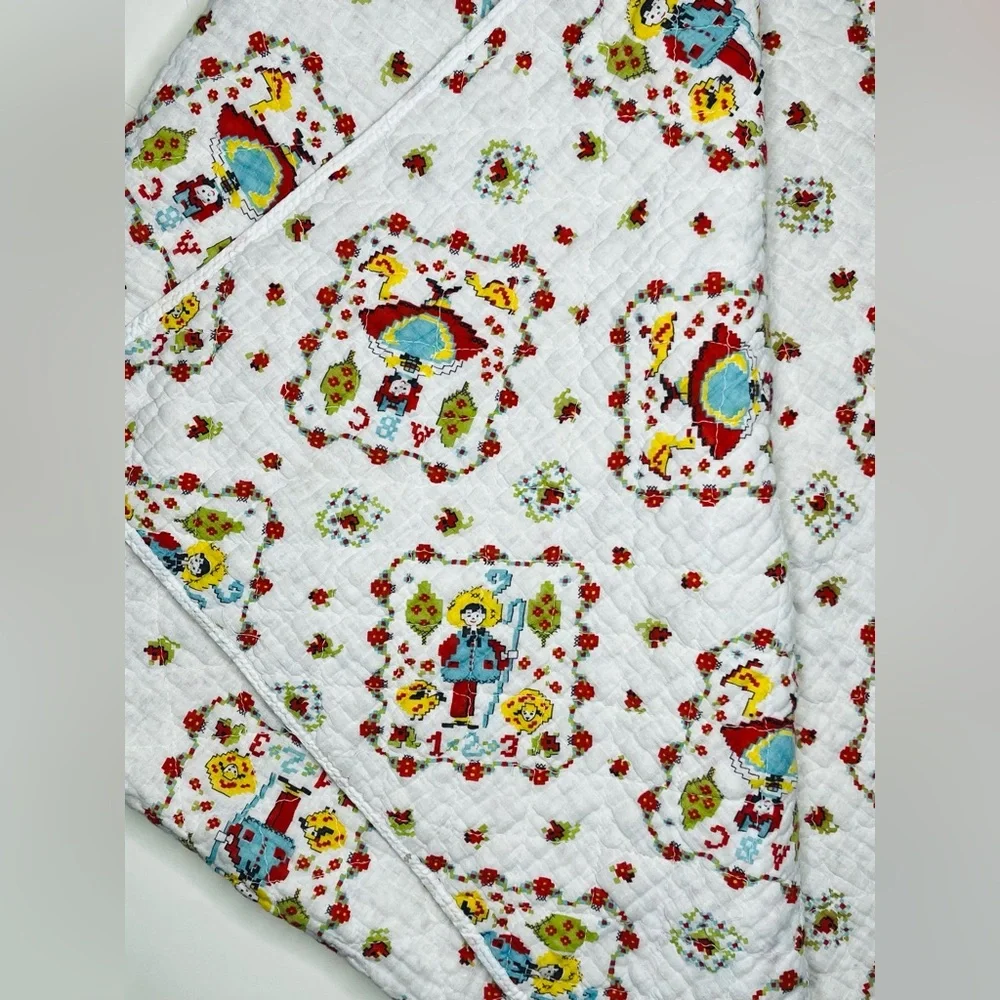 VTG 70s Quilted Crib Baby Blanket Alphabet Numbers Nursery 66 X 58 Large Quilt